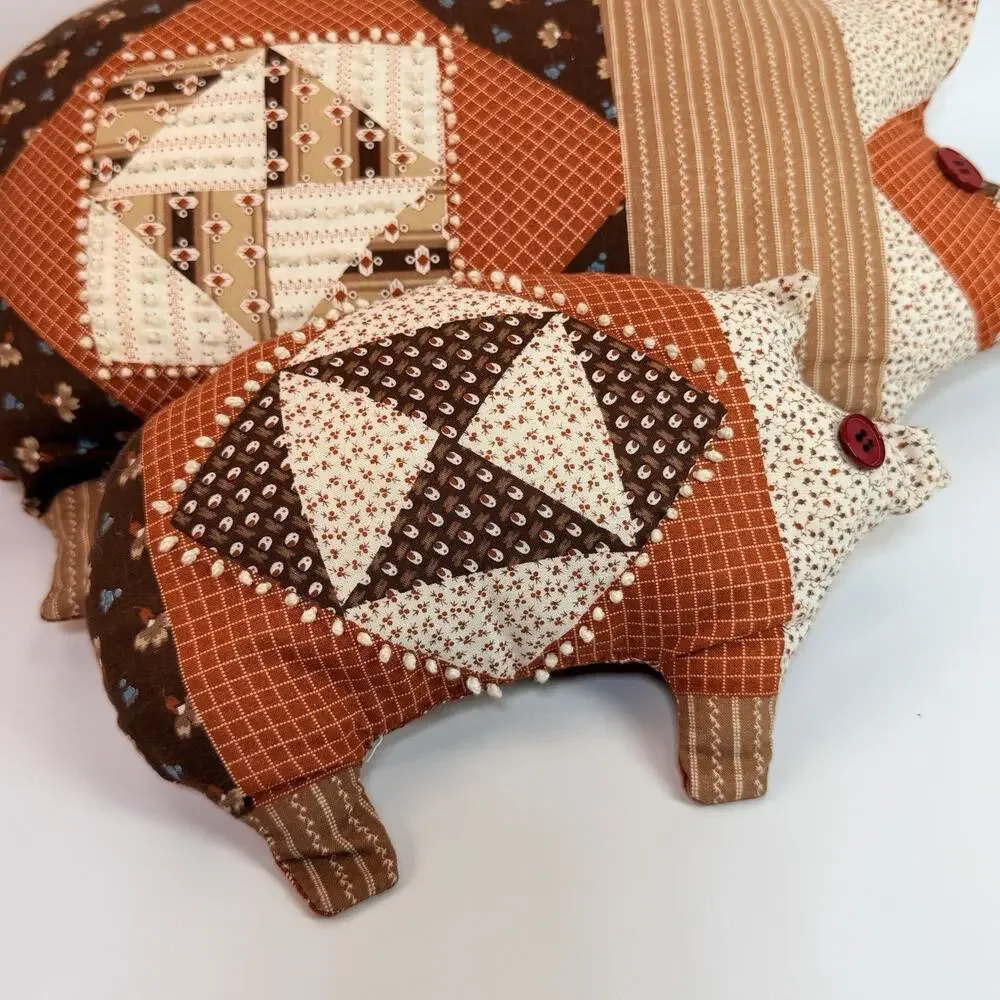 Set 2 Handmade Calico Plush Stuffed Pig Pillows Granny Cottage Brown Ornage 80s